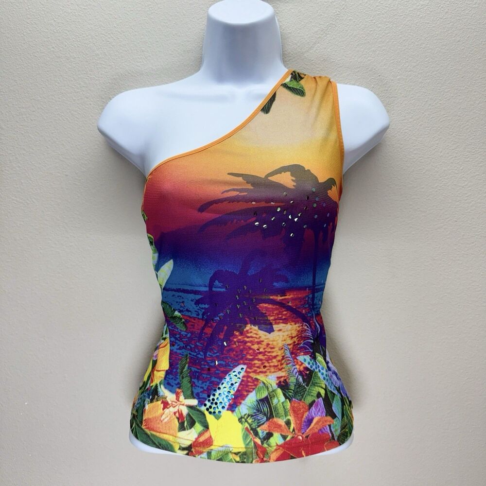 Vintage 90s Express One Shoulder Tropical Sheer Sequin Top Size S Beach Vaca Y2k
